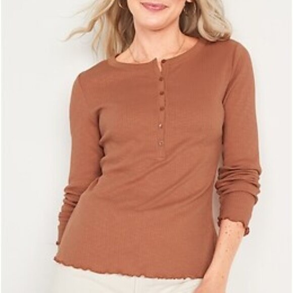 OLD NAVY Women's Warm Hickory Long Sleeve Ribbed Henley Top L - Picture 1 of 6